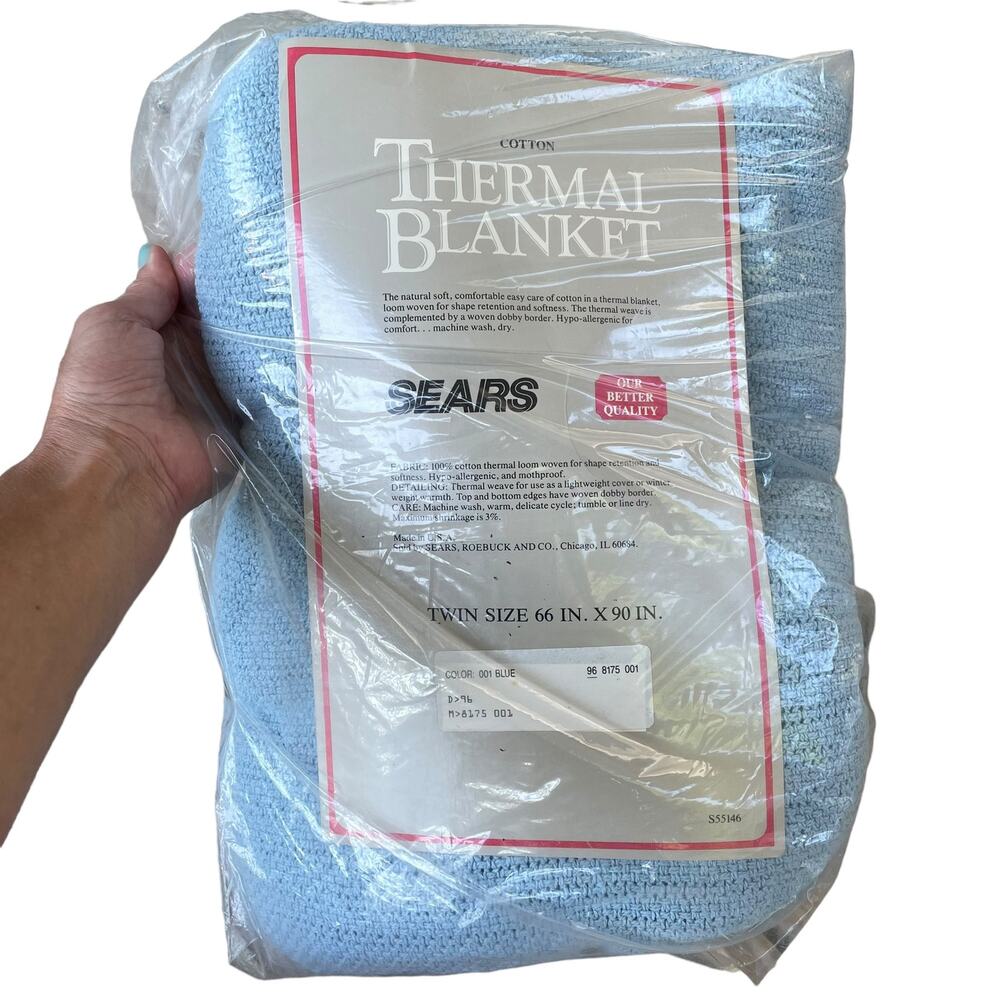 Vintage Sears Blue Thermal Weave Blanket Twin Size Cotton Woven NOS Opened